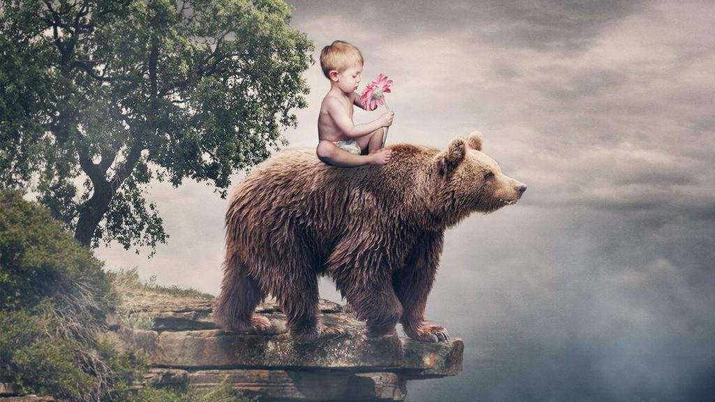 فوتو مونتاژ فانتزی خرس و پسر بچه در فتوشاپ
