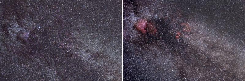 همان منطقه آسمان (بخشی از صورت فلکی Cygnus) با یک Canon EOS 60D استاندارد (سمت چپ) و نسخه عکاسی نجومی آن - Canon EOS 60Da (سمت راست) عکس گرفته شده است.