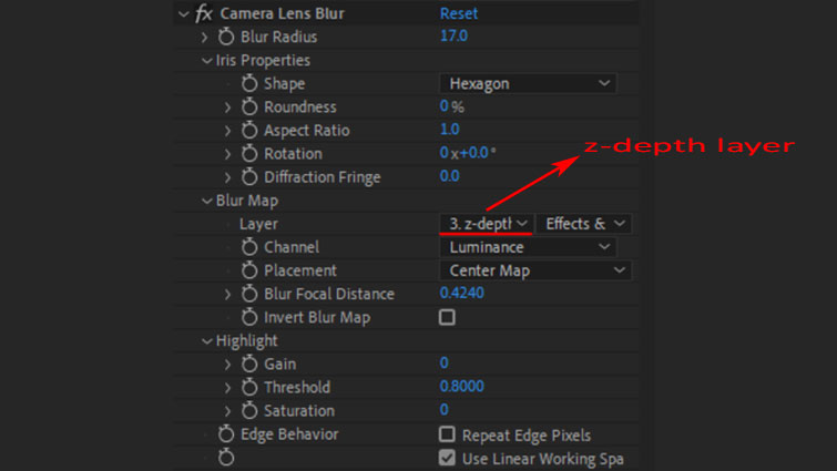 تنظیمات برای افکت Blur لنز دوربین ،به یاد داشته باشید که لایه Z-depth را به عنوان Blur Map جهت افزایش کیفیت رندر تعیین کنید.