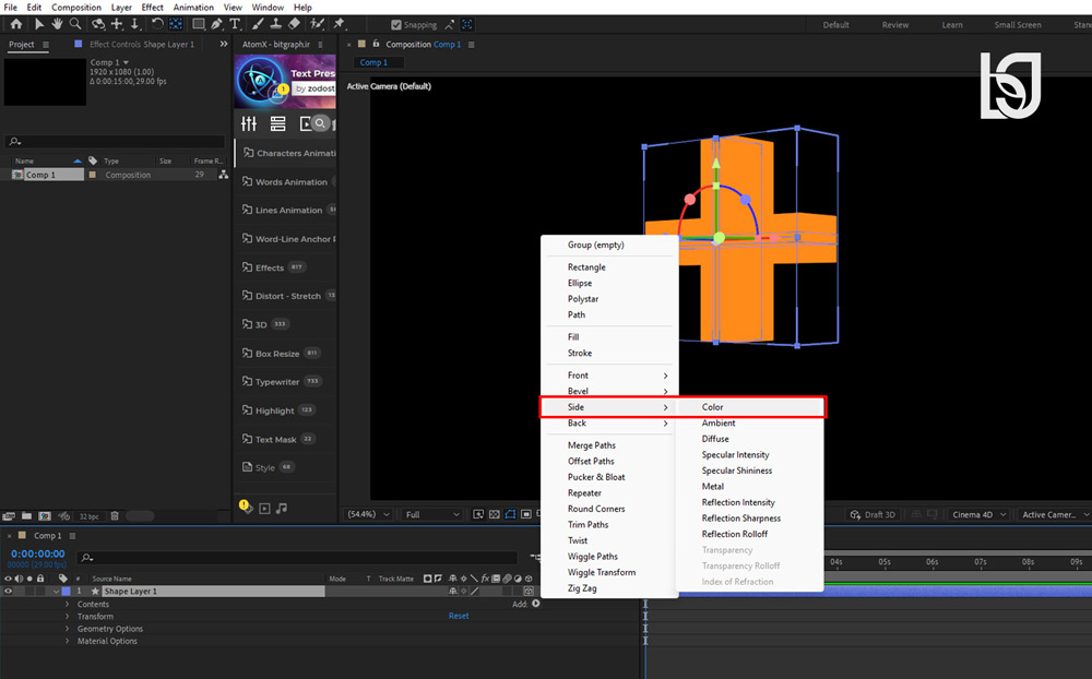 افزودن Slide Color به گروه اجرای پروژه 3D در افترافکت